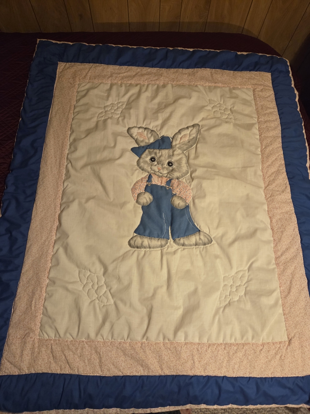 Vintage Blue & Pink Handmade Applique Baby Quilt With Bunny In Blue Overalls/Hat